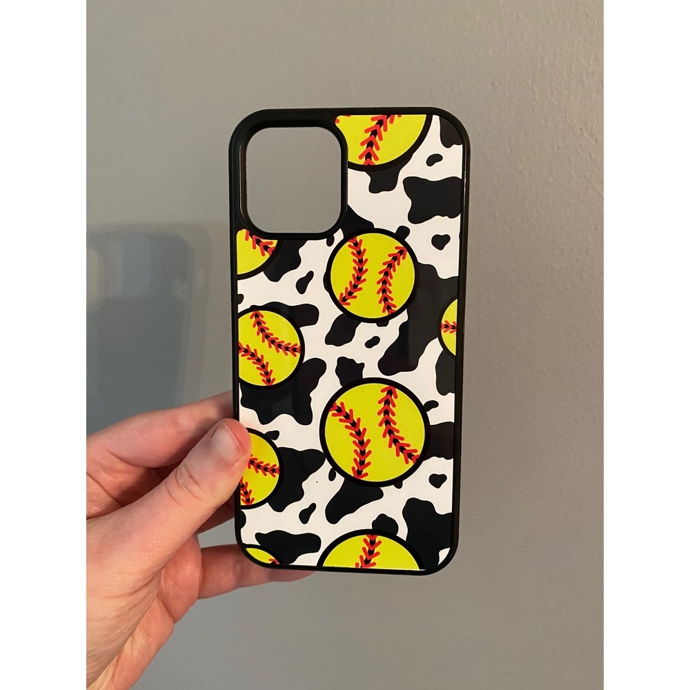 Softball Cow Print Phone Case iPhone 12 / 12 Pro Black Yellow Western Sporty